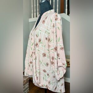 LILIAN, Floral & Grid Print Tab-Sleeve Tunic Blouse 3/4 Sleeve Soft Pink - 1X